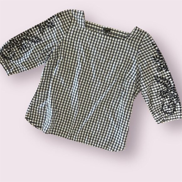 Talbots Navy Gingham Eyelet Trim Blouse Size XL Petite Square Neck 3/4 Sleeves - Picture 2 of 13